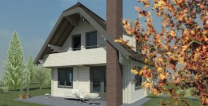 Logwoning met balkon en dak overstek