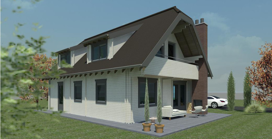 Logs systeembouw, witte delen en antraciet dak.