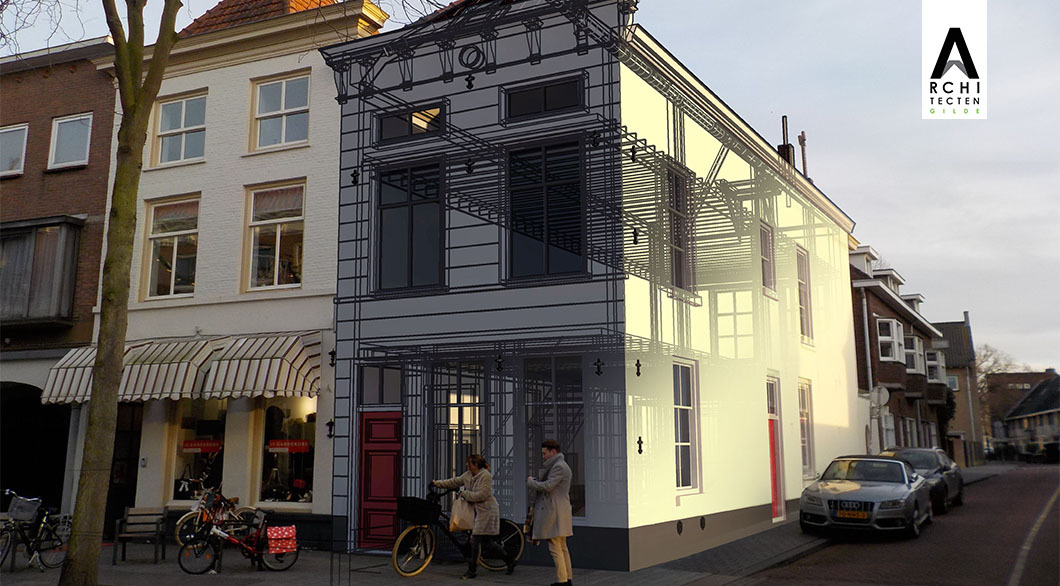 3D tekening monument bouwplan renovatie winkel tot woning appartement