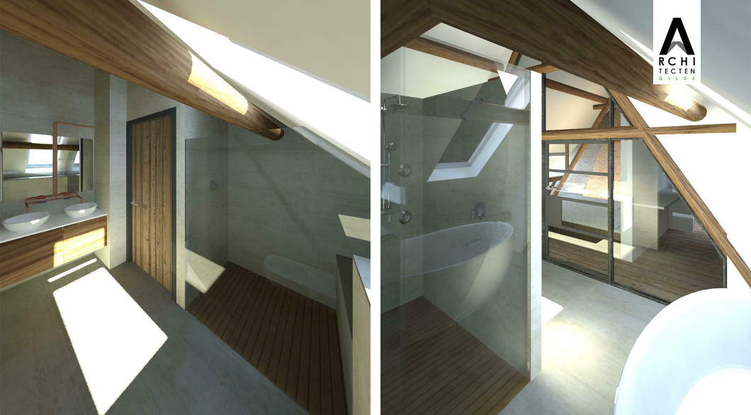 Interieur visualisatie zolder boerderij verbouw slaapkamers badkamer